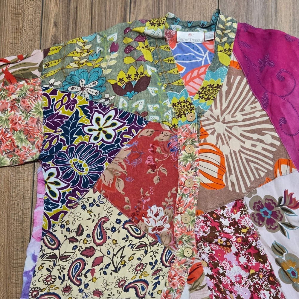 Sacred Threads Bohemian Indie Patchwork Rayon Button up Kimono Top Blouse Size S - Picture 9 of 12
